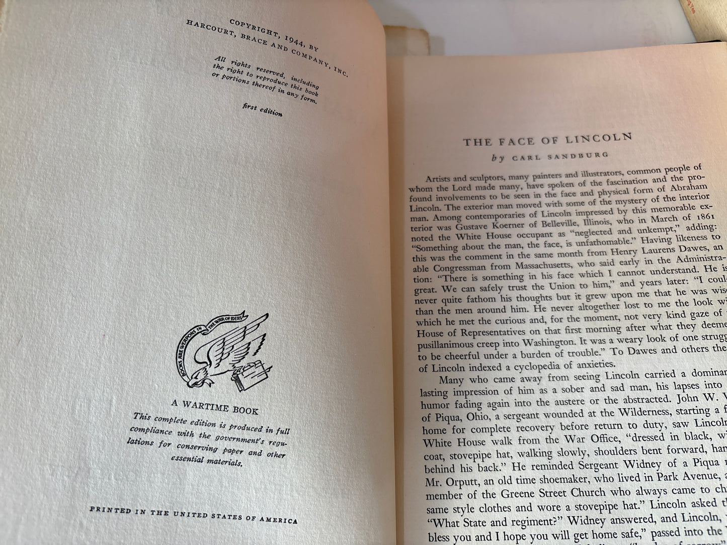 1944 First Edition: The Photographs of Abraham Lincoln by Carl Sandburg /with 1965 Brochure of The House Where Lincoln