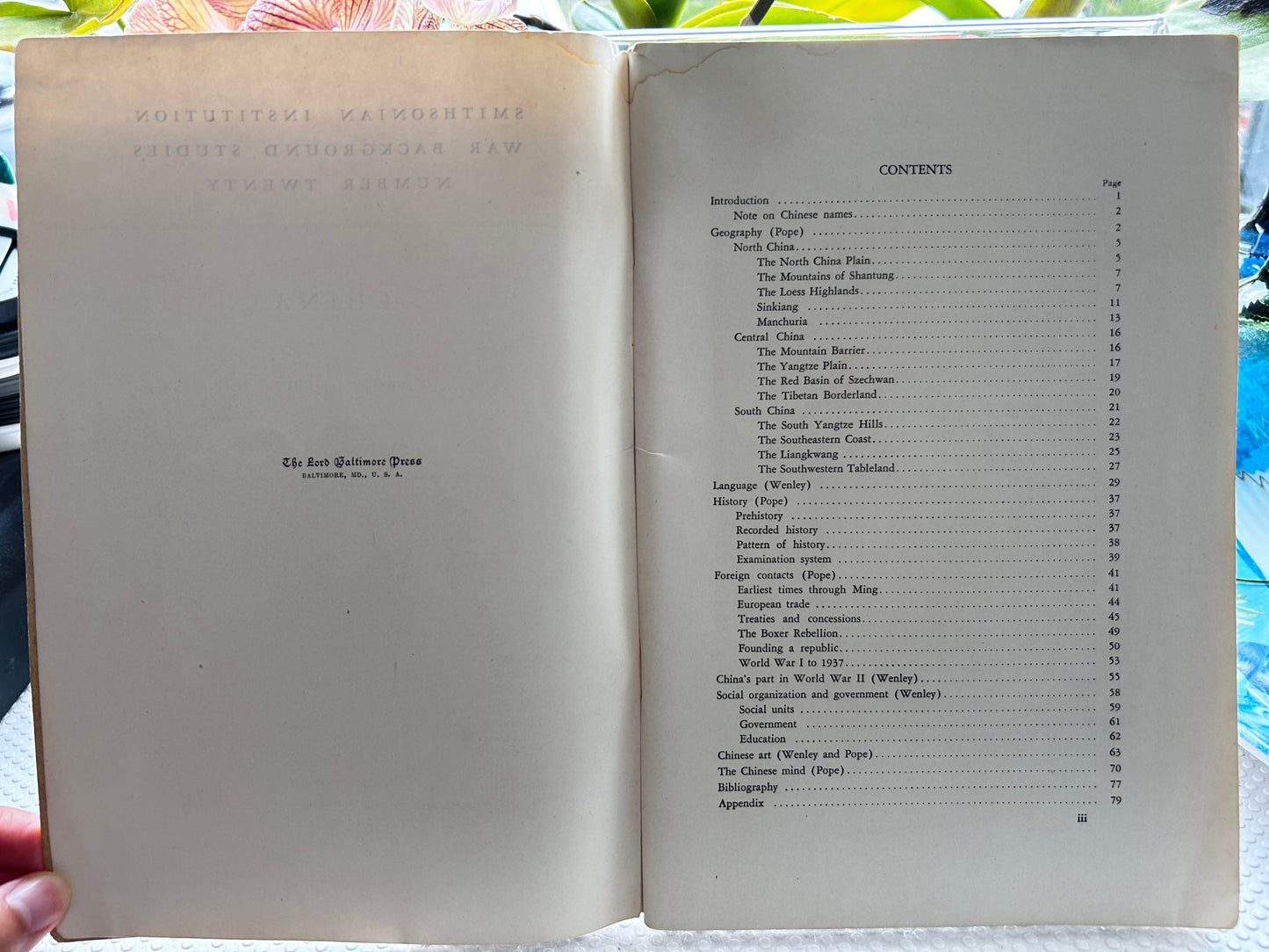 珍稀 1944 年史密森尼學會戰爭背景研究系列：《中國》第 20 號 1944 Smithsonian Institution War Background Studies: CHINA (No. 20) By A.G. Wenley & John A. Pope