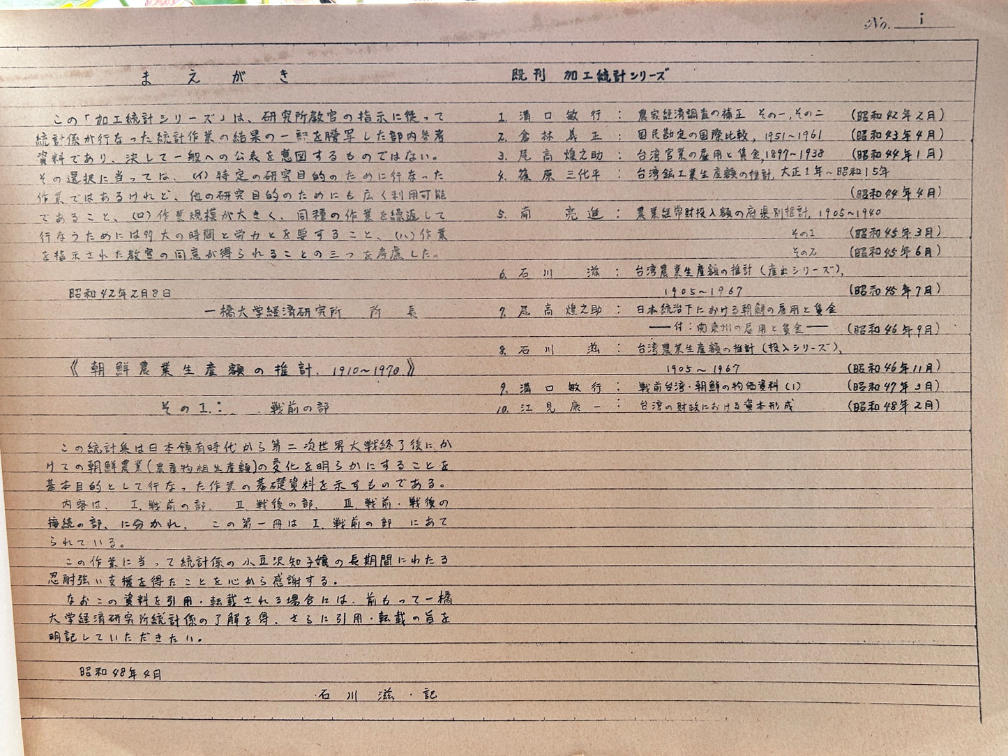 1973年極稀有手稿複印本《朝鮮農業生產額的推計 1910-1970：戰前之部》石川滋 監修 1973 Internal Archive Estimation of Agricultural Production Value in Korea 1910–1970 (Vol. 1: Pre-war) Supervised by Shigeru Ishikawa