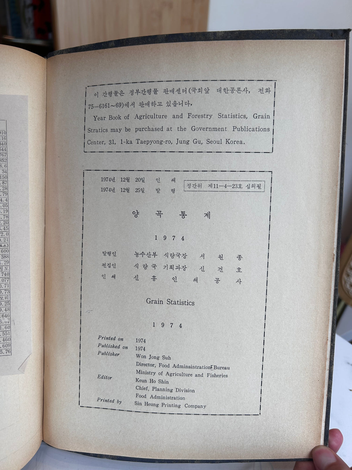 Rare 1974 Grain Statistics (양곡통계) — Ministry of Agriculture & Fisheries, Republic of Korea 1974년 양곡통계 (Grain Statistics 1974) — 대한민국 농수산부 발행 희귀 정부 공식 통계연보