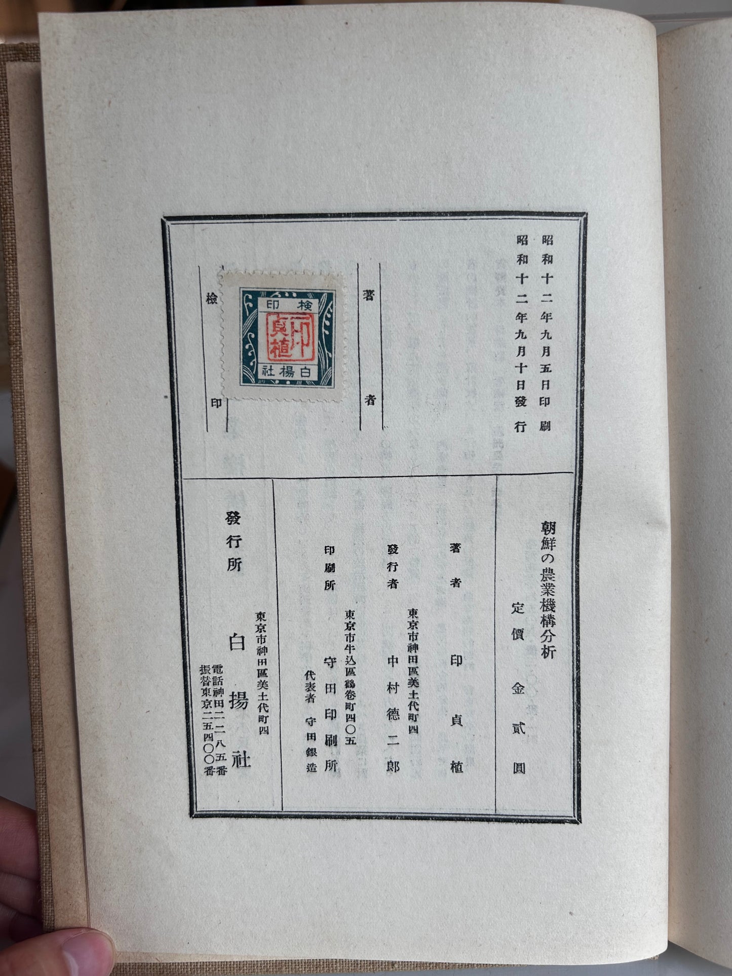 1937 First Edition Analysis of Korea's Agricultural Structure by In Jeong-sik 昭和12年（1937）印貞植 著『朝鮮の農業機構分析』白揚社（原装カバー・著者検印紙付）